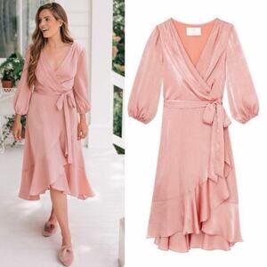 Gal Meets Glam Satin Ruffle Midi Wrap Dress